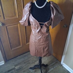 Fashion Nova Brown Puff-Sleeve Faux Leather Mini Dress
